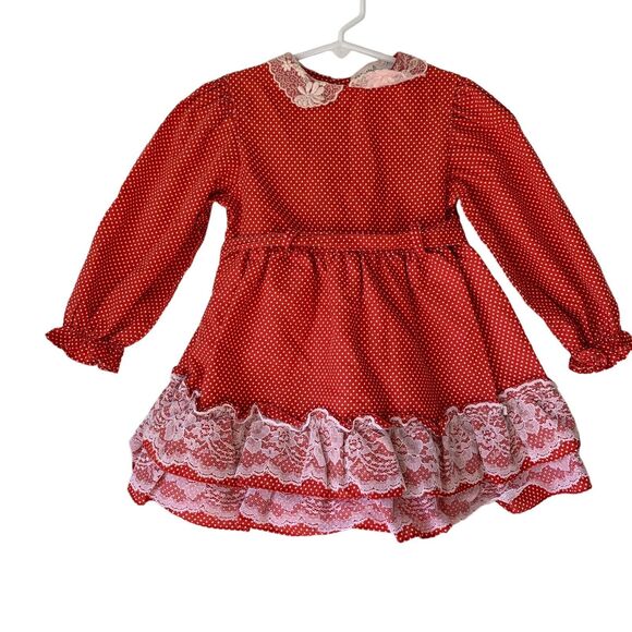 Vintage Jill Lynn Long Sleeve Red White Polka Dot Ruffle Lace Dress Holiday 3T - Picture 1 of 6